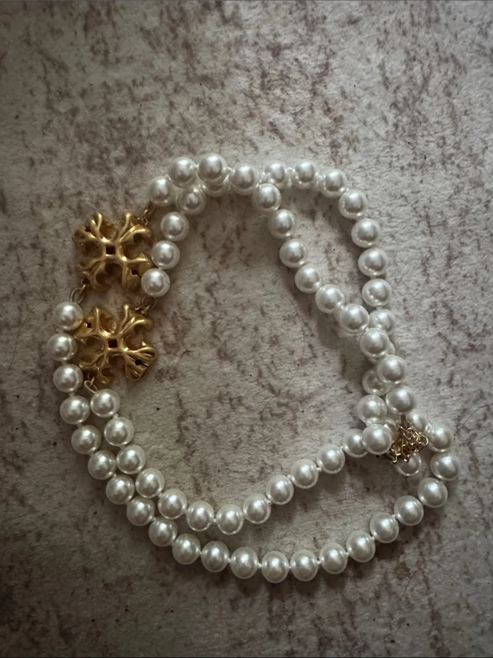 Tory Burch Long Classic Pearl Necklace with solid Kira t brass detail NEW $249